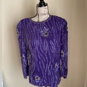 Oleg Cassini Vintage Purple Silk Sequin evening special occasion dressy blouse